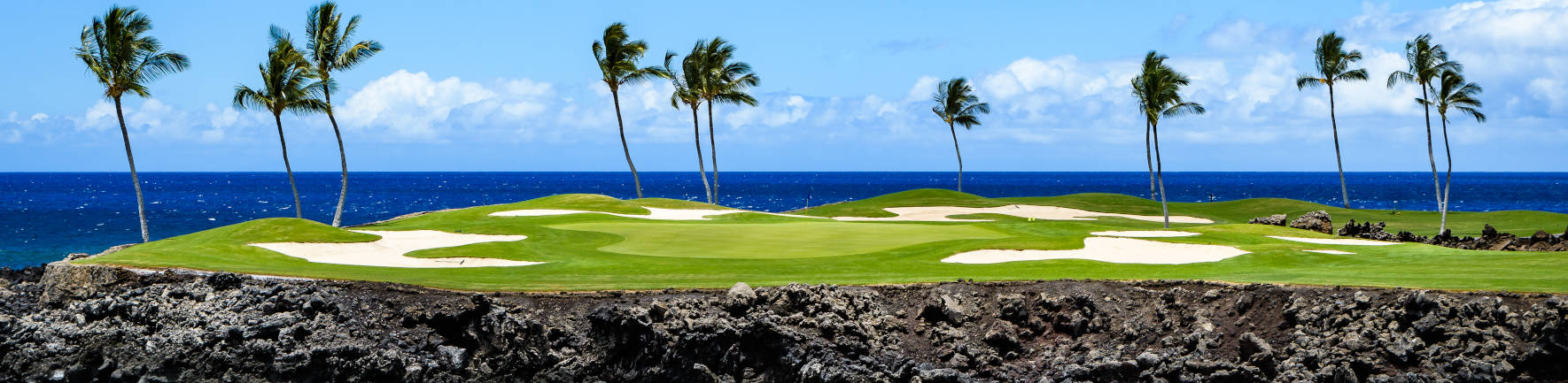 Golf course in Hawaii with ocean and palm trees